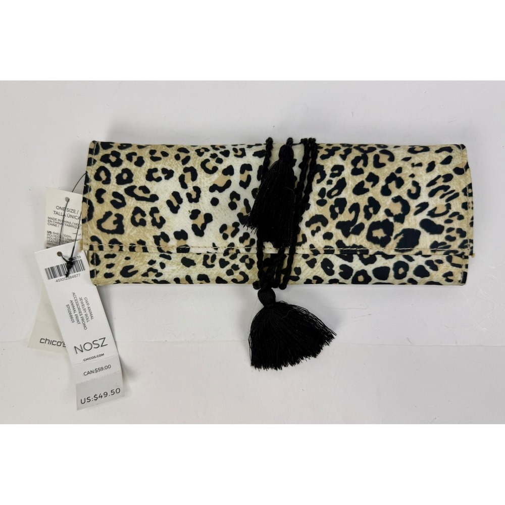 Chicos Leopard Print Jewelry Roll Travel Organizer Case Tassel Tie NWT
